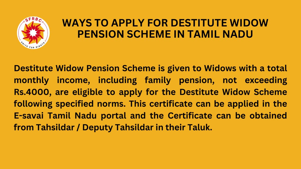 Eligibility to obtain Destitute Widow Pension in Tamil Nadu