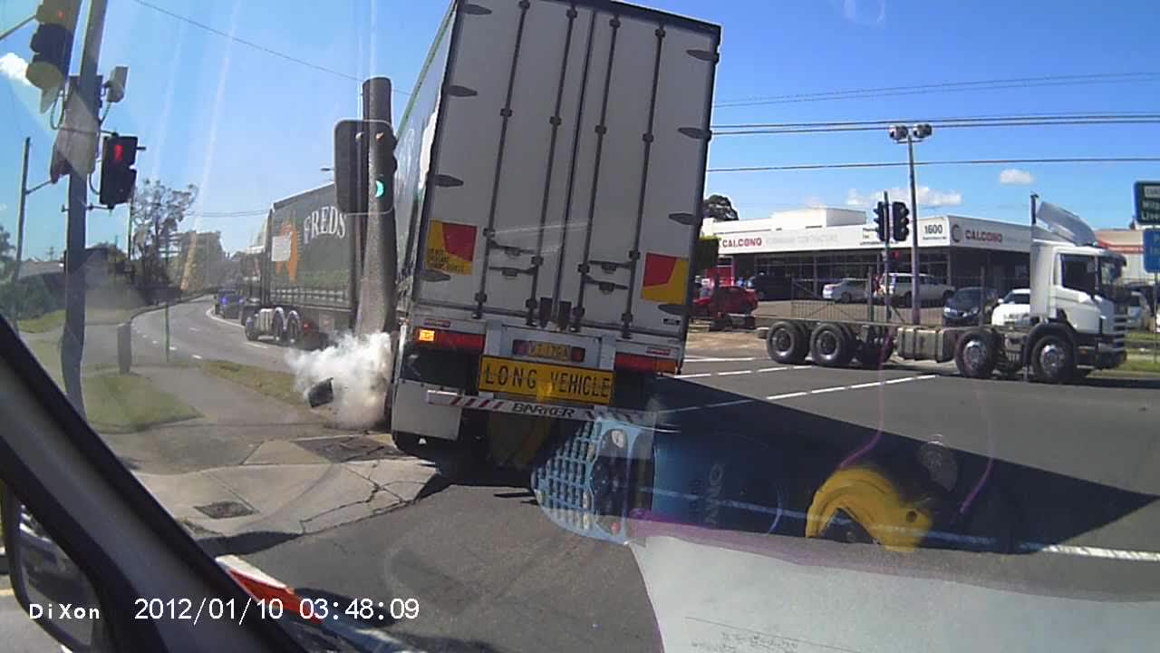 Truck Meets Strongest Traffic Light in the World, Blows Tire