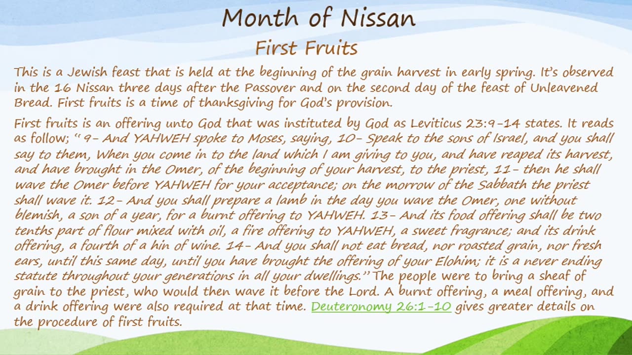 The Month of Nssan: Passover, Unleavened Bread and First Fruits