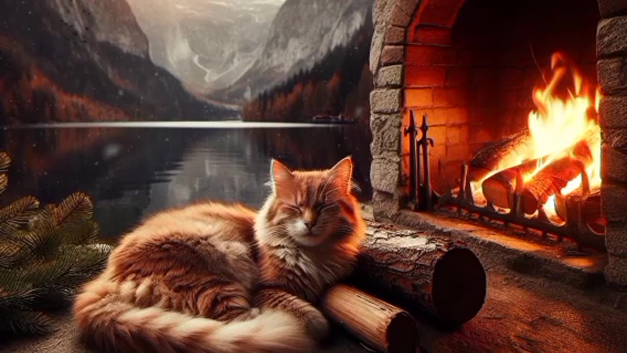 purring cat relaxing sound - fireplace sound