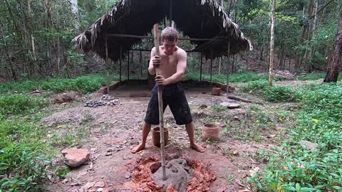 Primitive Technology: Wood Ash Cement & Fired Brick Hut