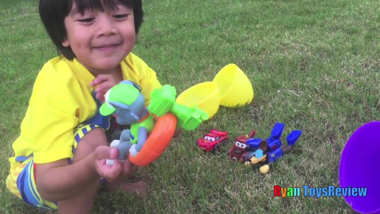 HUGE EGGS Surprise Toys Challenge with Inflatable water slide