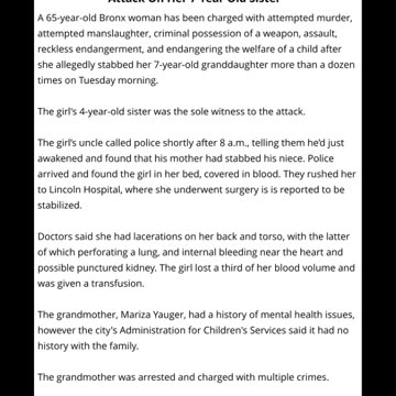 4 Year Old Girl Witnesses Grandmother’s Brutal Stabbing Attack On Her 7 Year Old Sister