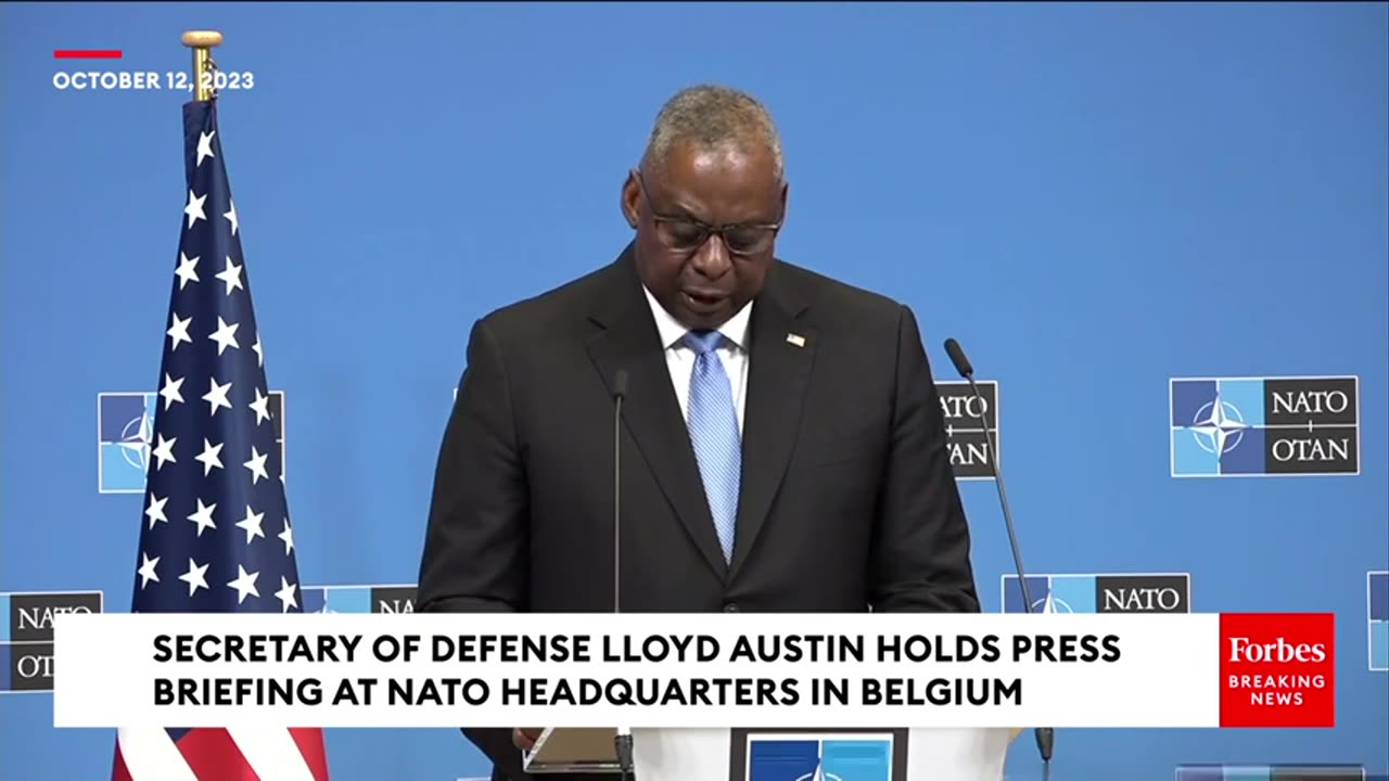 Secretary of Defense Lloyd Austin Holds NATO Press Briefing In Brussels, Belgium