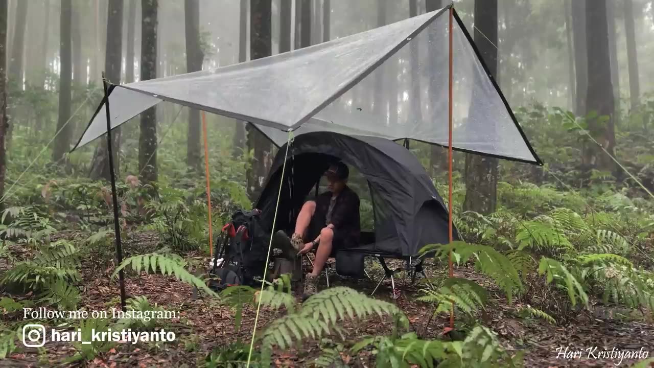 PLASTIC TARP IN THE RAIN __ SOLO CAMPING IN THE RAIN WITH TRANSPARENT TARP