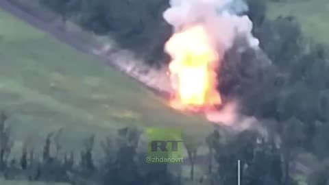 Ukrainian tank explodes as a result of an ATGM hit