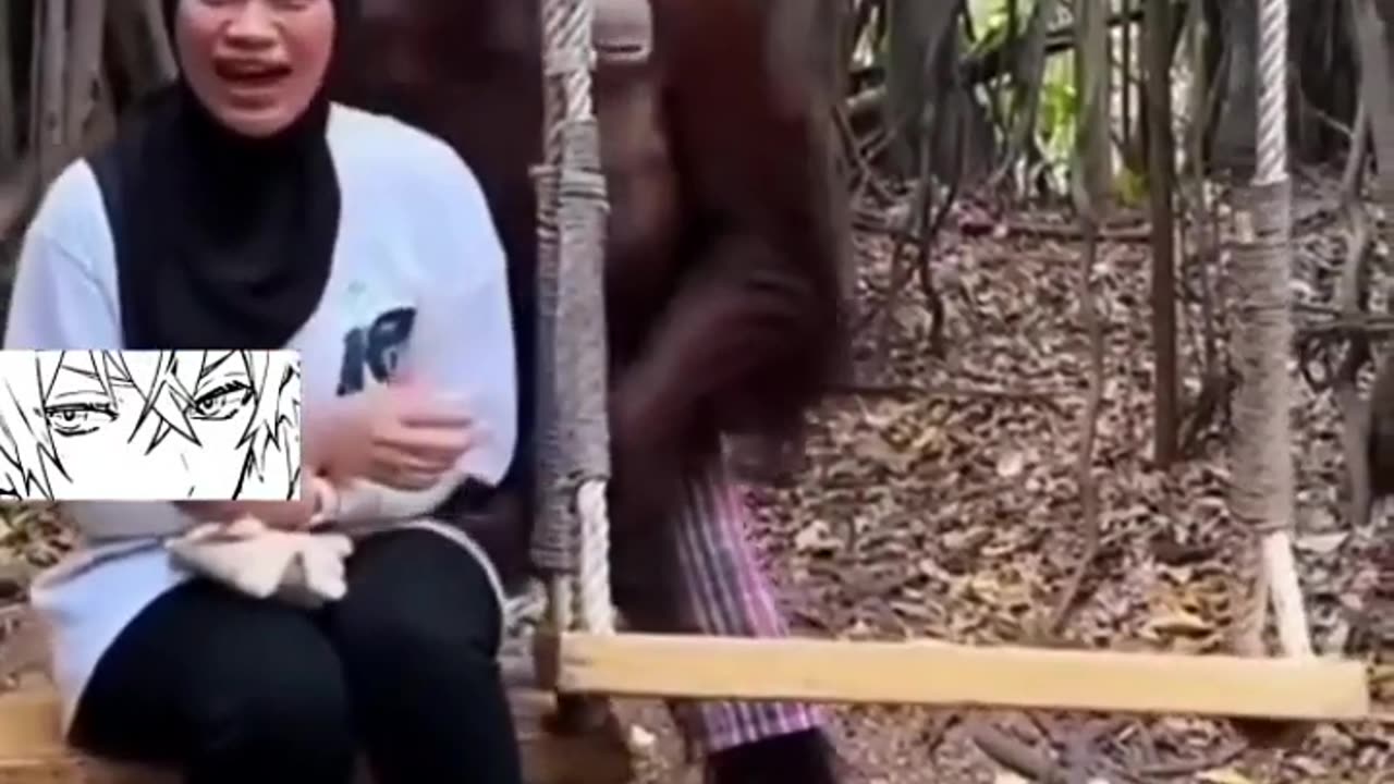 A woman taking a photo with a funny chimpanzee