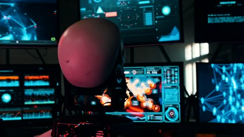 Data monitors and a humanoid robot moving his head