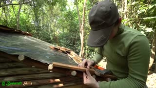 Building Warm Underground Log Cabin Bushcraft Shelter With Wooden roof, Clay Fireplace , Skills