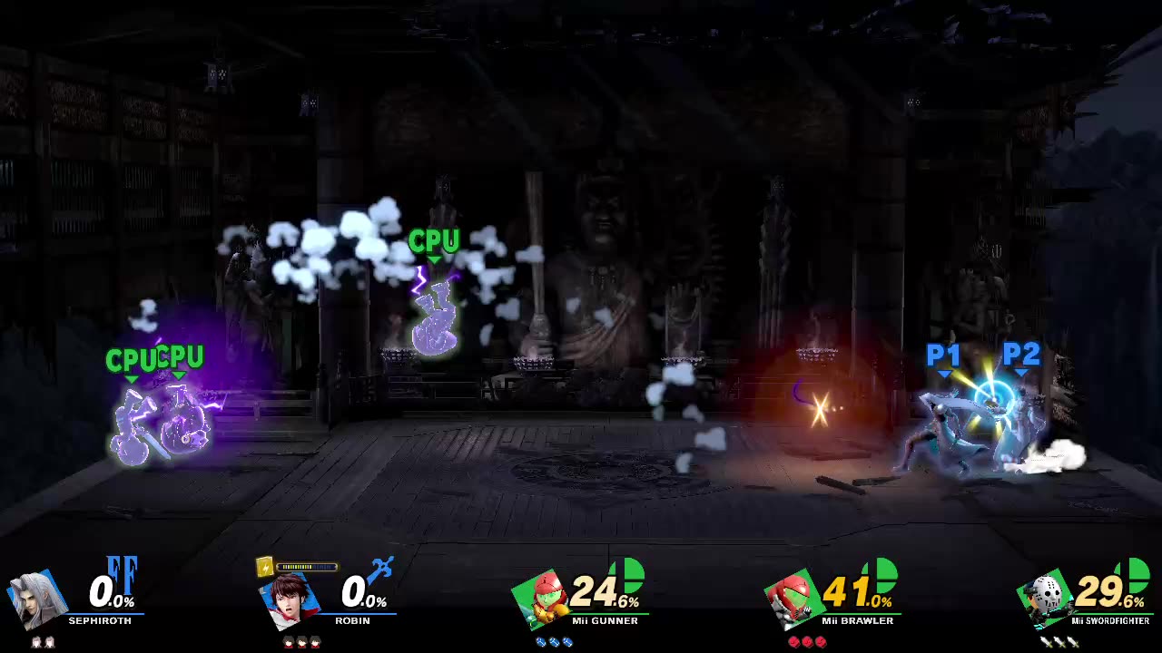 Sephiroth and Robin vs Mii Gunner and Mii Brawler and Mii Swordfighter on Mishima Dojo (Smash Bros)