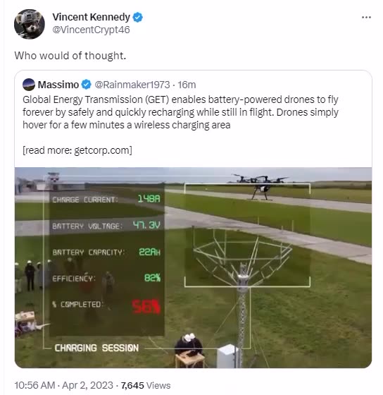 Via Vincent Kennedy: Wireless in flight recharge drone