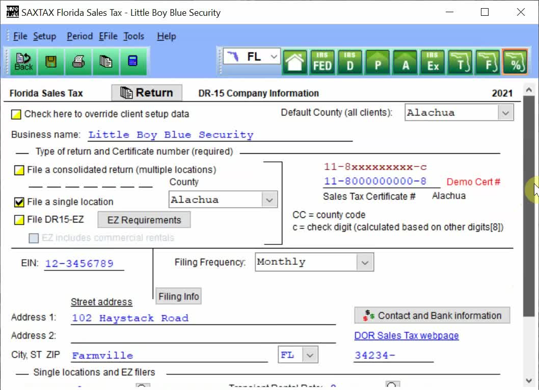 SAXTAX Florida Sales and Use Tax Return - Location