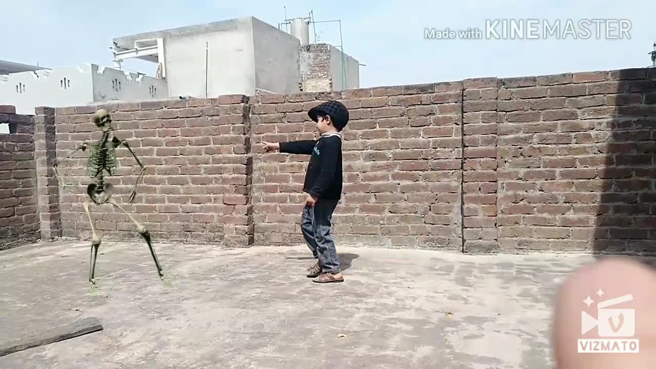 My boy is dancing with skeleton on the roof without hasitation.