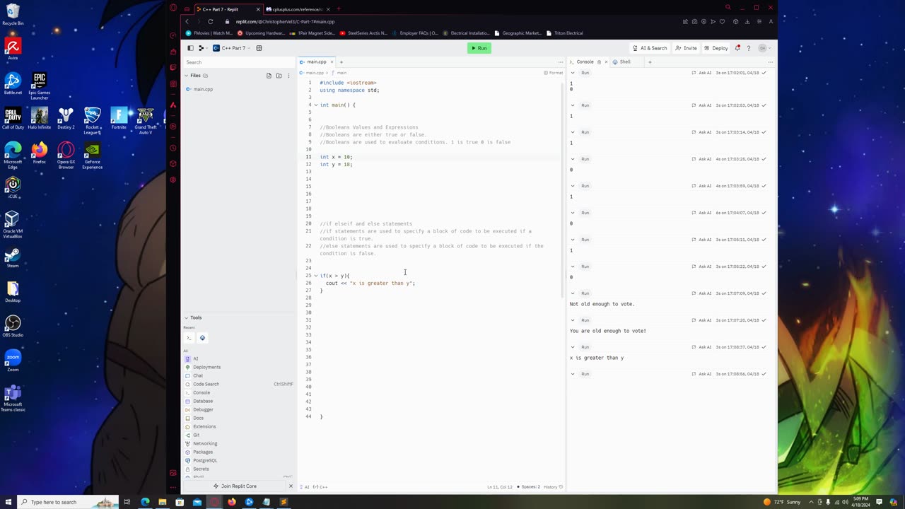 C++ Introduction to Programming "Booleans and if statements, else if statements and else statements"