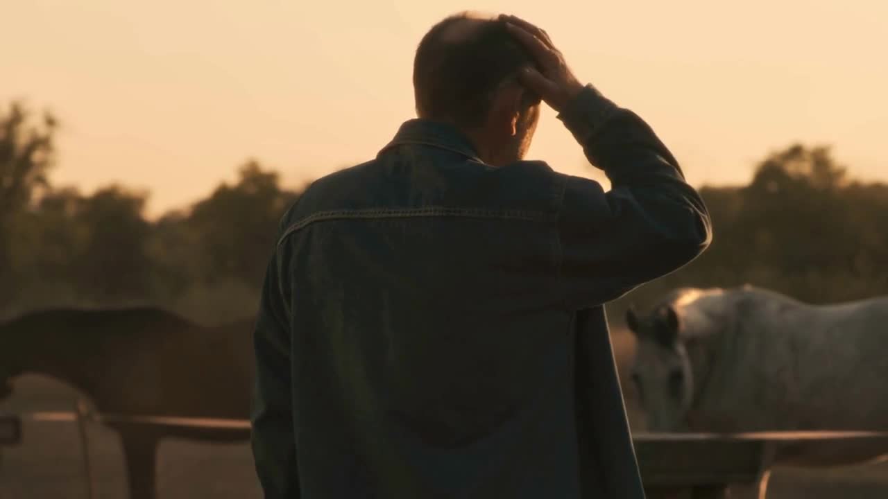 Back view of aged man taking off straw hat and admiring horses