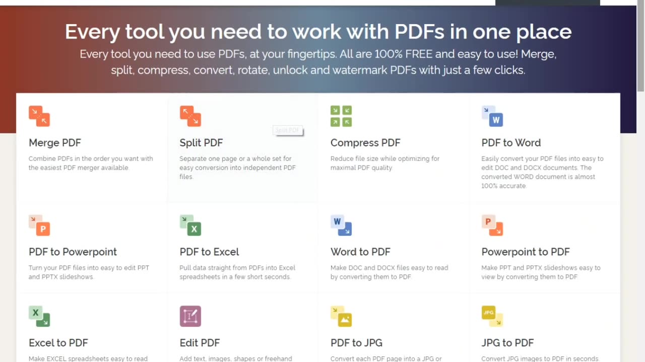 how to Create Merge PDF, split PDF, compress PDF, office to PDF, PDF to JPG