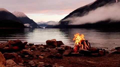 Calm Lake View and Crackling Fire Sounds, 4k Fireplace A Relaxing and Soothing Experience