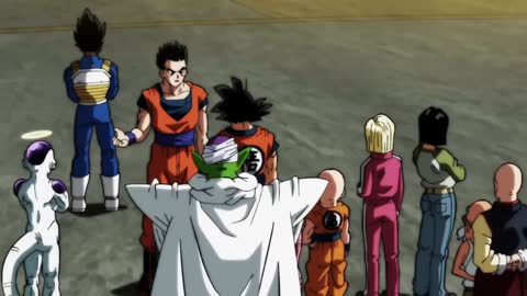 All universes gather at the tournament, Tournament of Power Begins, Jiren appears behind scare Goku