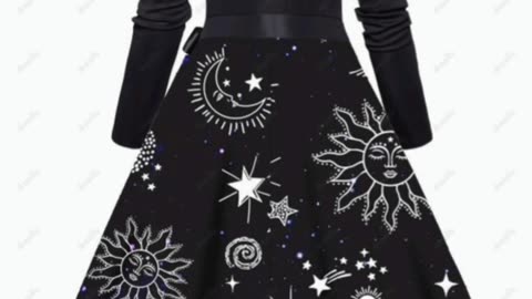 Galaxy Sun Moon Star Print Dress Crisscross Bowknot Belted High Waisted A Line Midi Dress - DRESS...