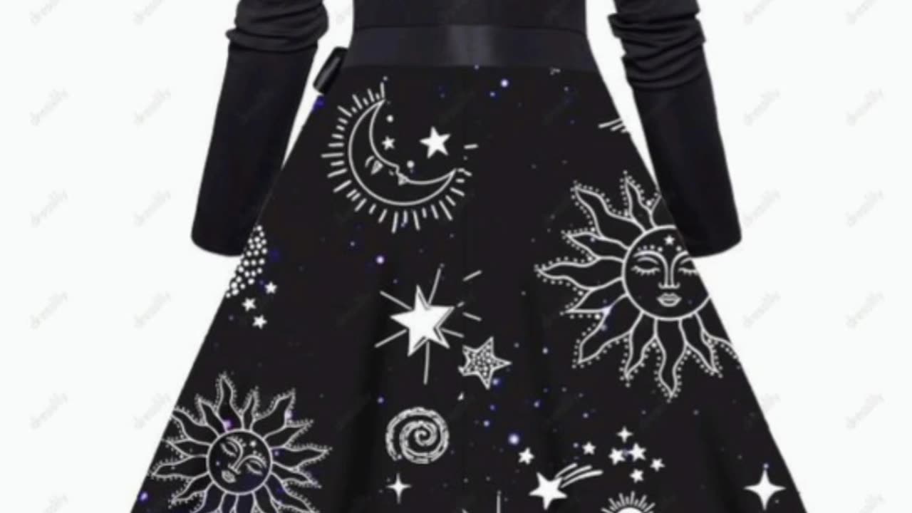 Galaxy Sun Moon Star Print Dress Crisscross Bowknot Belted High Waisted A Line Midi Dress - DRESS...