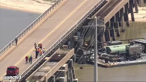 Bridge hit by barrage. Pelican Island Causeway in Galveston Texas