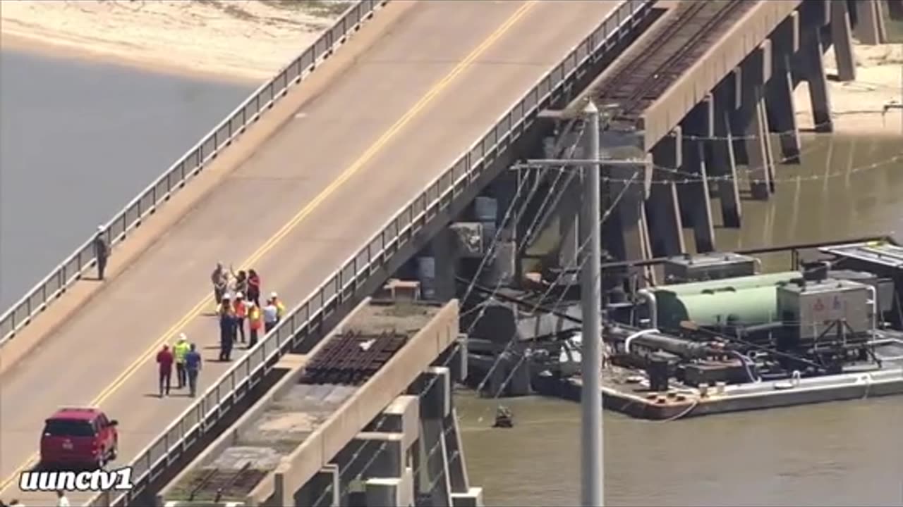 Bridge hit by barrage. Pelican Island Causeway in Galveston Texas