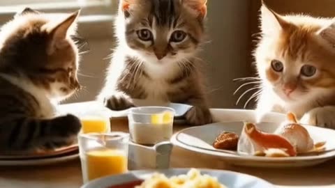 Funny cats are eating