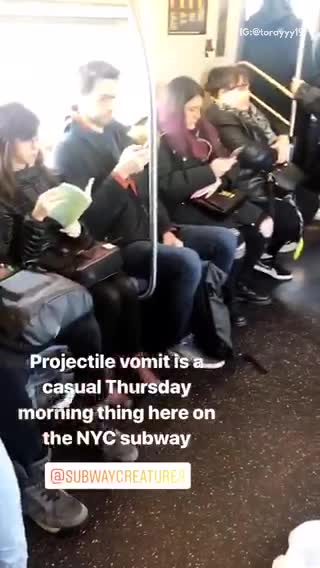 Projectile vomit on entire subway seat