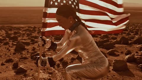 A woman planting the american flag on mars