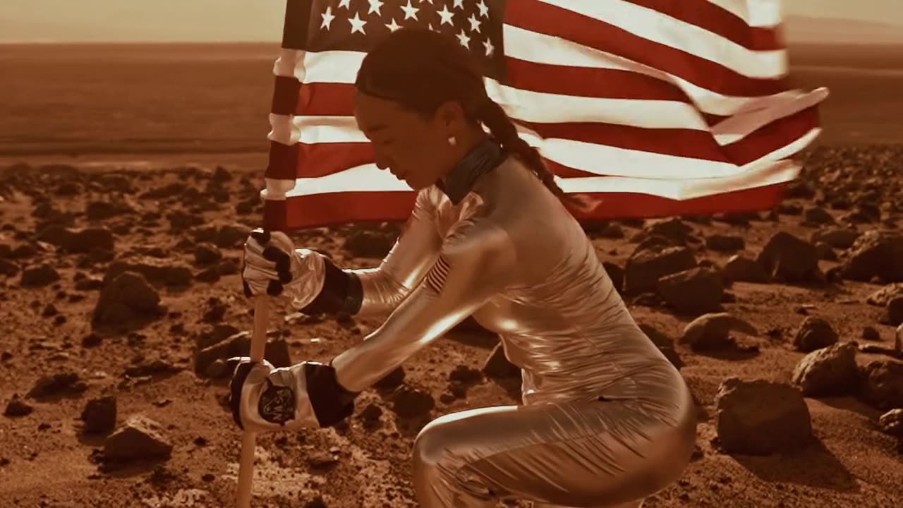 A woman planting the american flag on mars