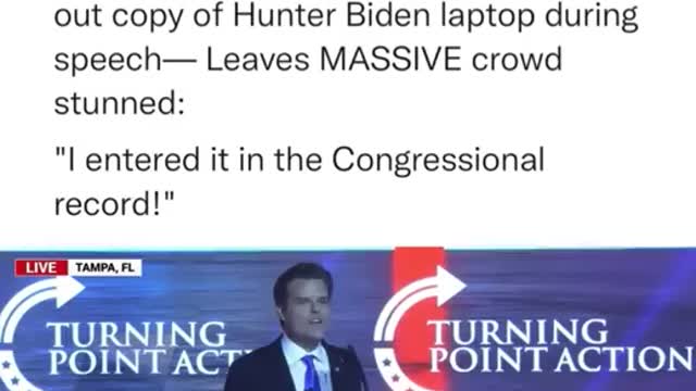 Matt gaetz pulls.out copy of Hunter Biden laptop during speech.