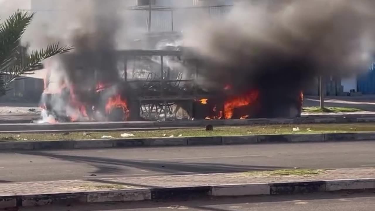 Israeli occupation aircraft bombed a bus in the middle of the Gaza Strip 🇵🇸