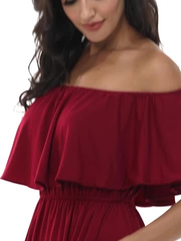 Women's Off The Shoulder Ruffle Party Dresses Side Split Beach Maxi Dress