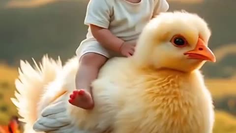 "سواری کودک خندان روی جوجه‌ی بانمک! 🐥✨😂 | Adorable Baby Riding a Happy Chick! 🌟🤣"