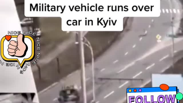Military tank run over car .|| peopel attempt to pull driver from dar.