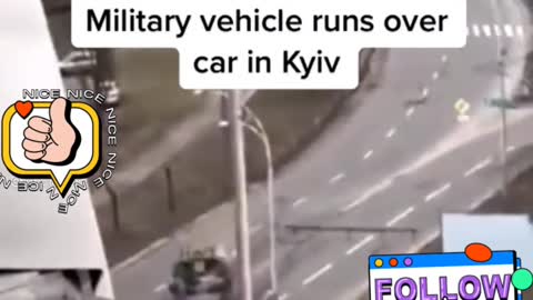 Military tank run over car .|| peopel attempt to pull driver from dar.