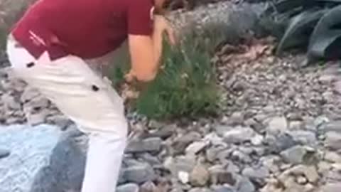 Guy in red sneaking up on an animal