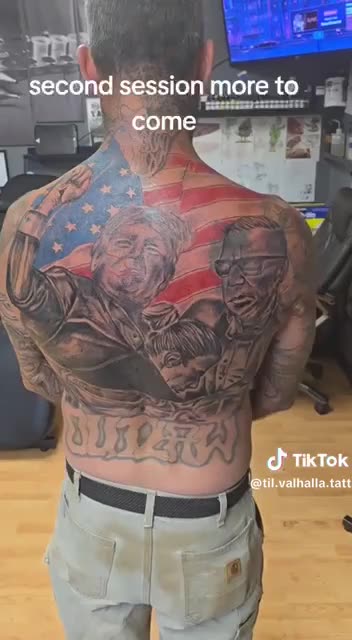 Trump Follower shows off the artwork on his Back of the Failed Assassination attempt