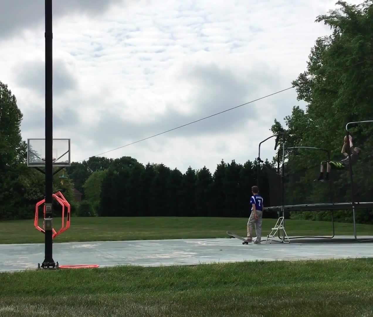 Kid Did An Amazing Basketball Trick Shot From A Trampoline!