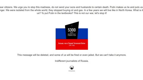 Hackers hacked Russian Media outlets and displayed an anti-war message.