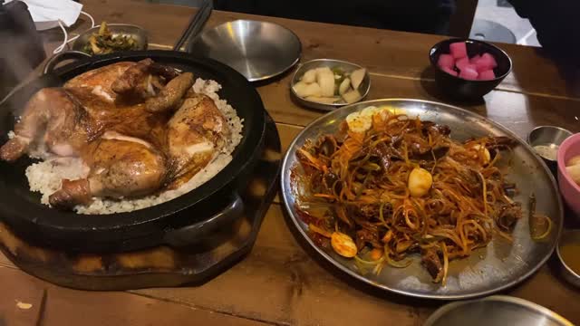 Korean style chicken being grilled