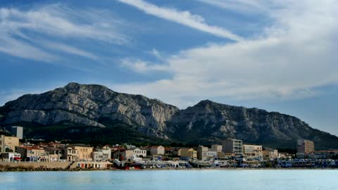 Beach town in France near mountains