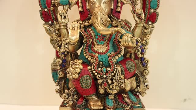 22" Brass Lord Ganesha with Kirtimukha Prabhavali Brass Statue With Inlay Work| Handmade