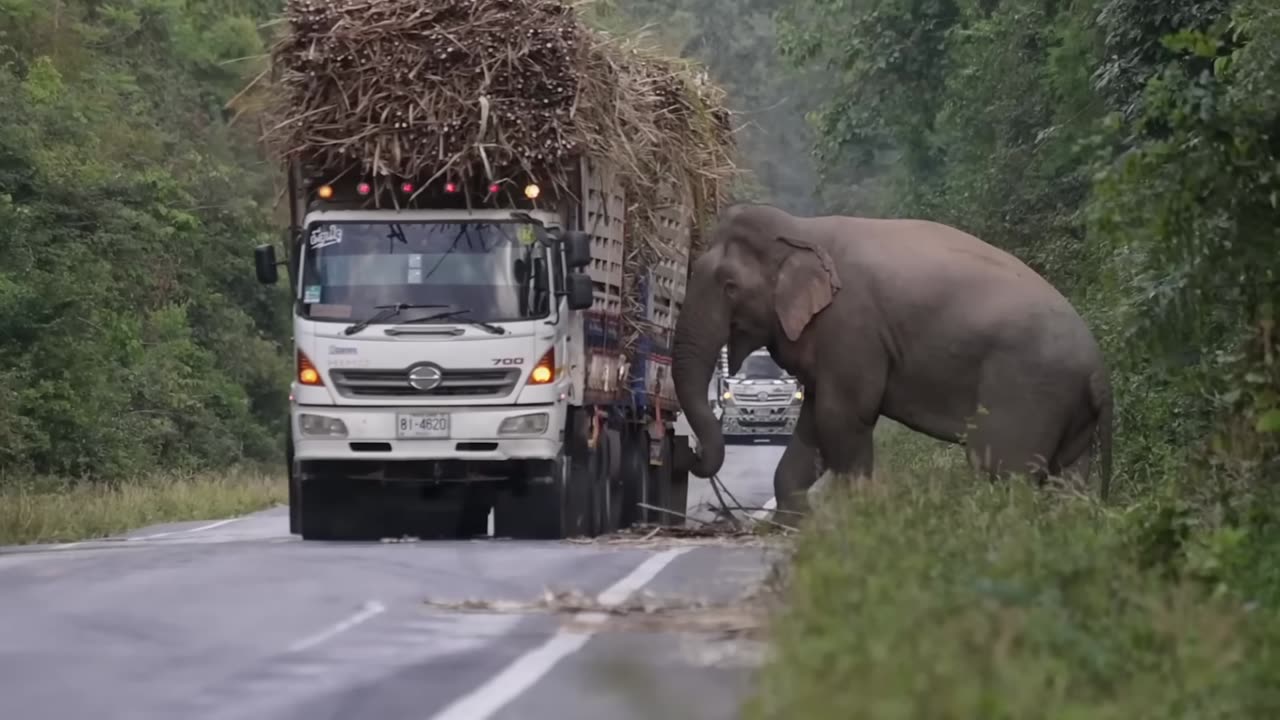 Greedy wild elephant stops passing trucks to steal sugarcane