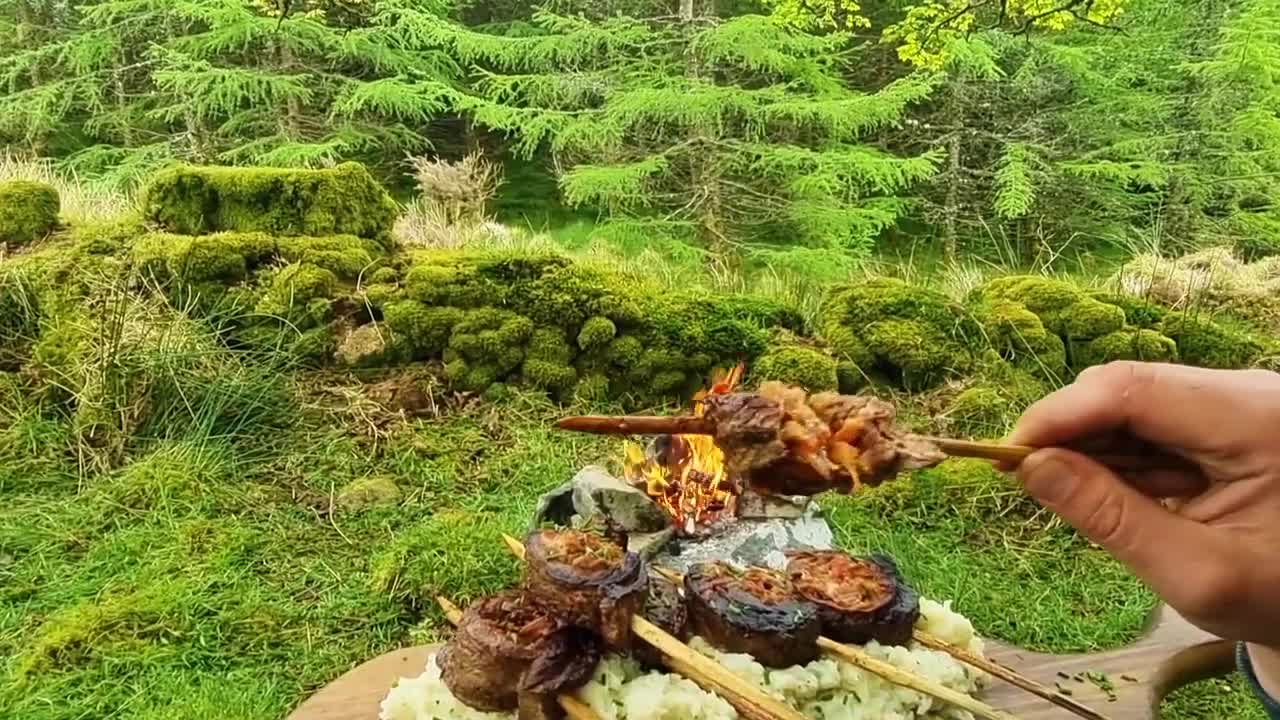 Beef cooked in the wild forest