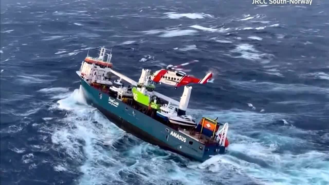 Watch Twelve crew rescued from cargo ship adrift in huge seas off Norway