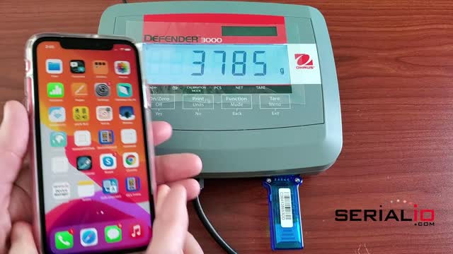 Ohaus Defender 3000 Scale Post Weight to iPhone Simulated Keystrokes