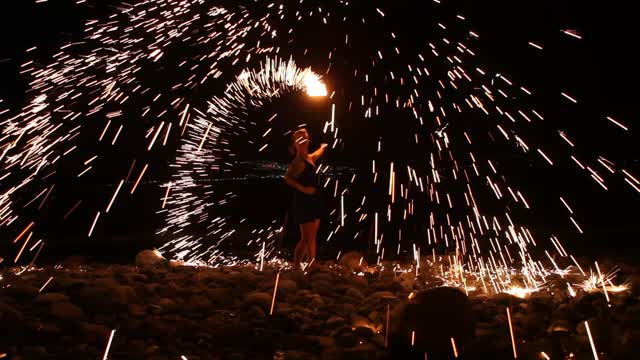 Effects of fire, a model spinning a fireball