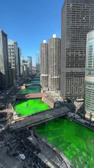 Chicago River colored green in preparation for the annual St. Patrick's Day Parade in the city
