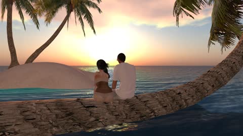 A beautiful couple sitting on a palm tree.